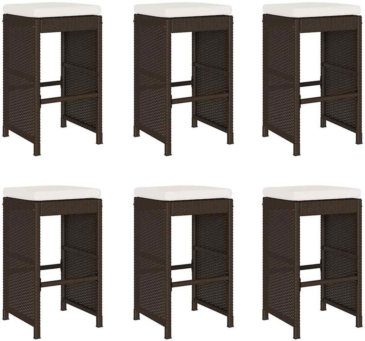 Zes bruine poly rattan barkrukken met kussens voor tuinset.