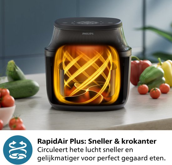 Visuele weergave van de RapidAir Plus technologie in de zwarte Philips Airfryer, met wervelende lucht en groenten.