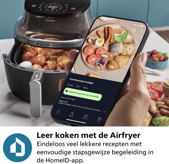 Een smartphone toont een recept voor continentaal ontbijt uit de HomeID-app, naast een zwarte Philips Airfryer.