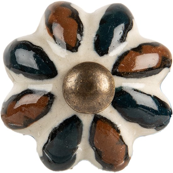 Bloemvormige keramische meubelknop in beige met bruin-zwarte vlekken en een koperen knop in het midden.