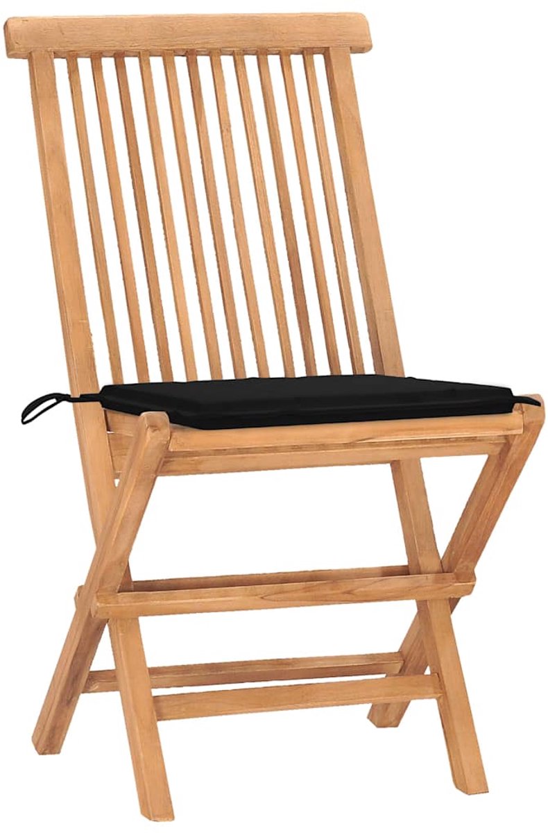 The Living Store 3-delige Tuinset inklapbaar met kussen massief teakhout - Eetkamer Set - Teak Hout - Buitentafel - Buistolen - Zwarte Kussens