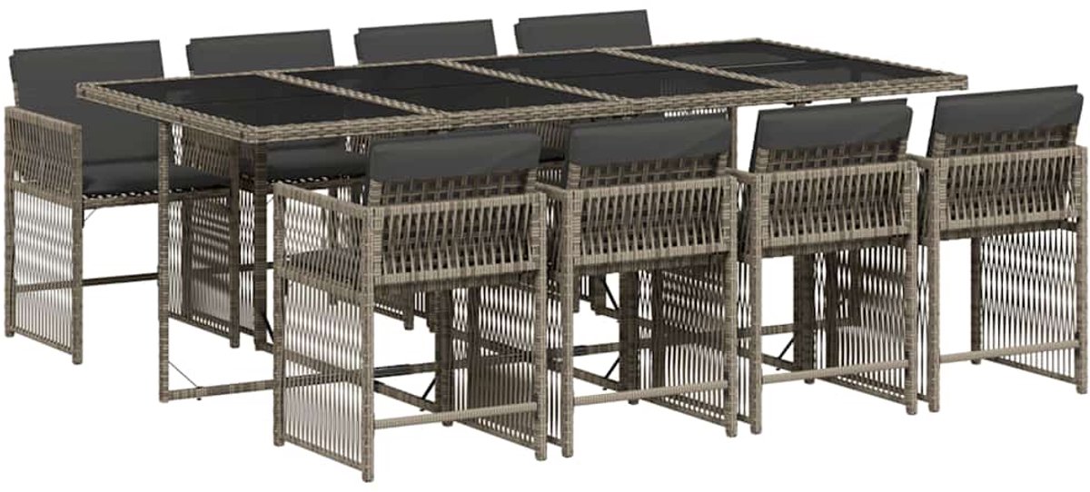 9-delige Tuinset met grijze kussens van poly rattan voor buiten.