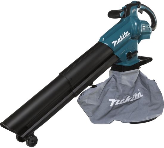 Turquoise Makita bladblazer met zwarte slang en grijze opvangzak.