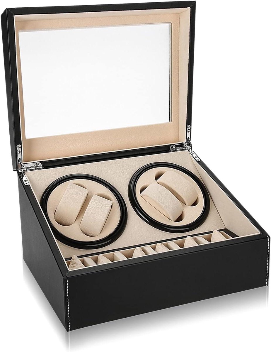 Automatische Watchwinder Box voor 4 Automatische Horloges + 6 Grids Horloge Opbergdoos EU-stekker (Zwart)