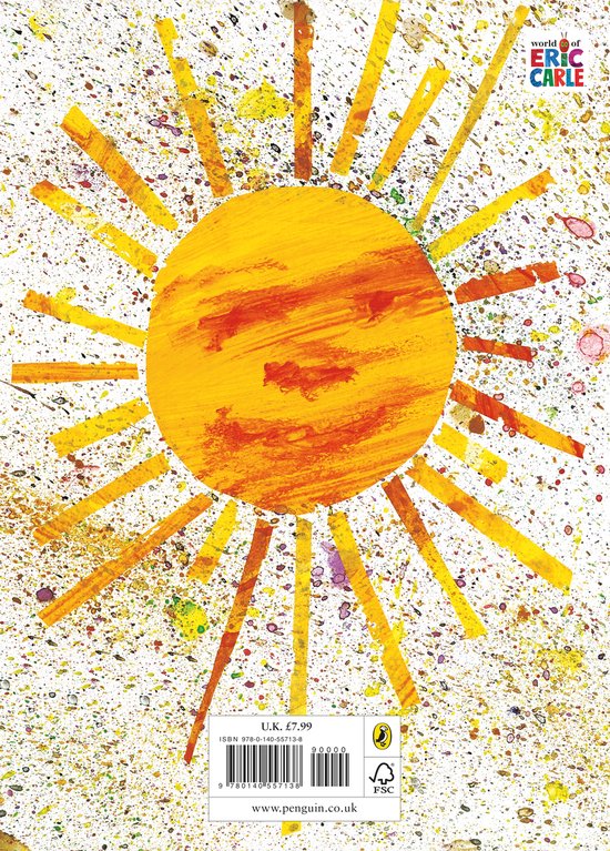 Boekomslag 'The Tiny Seed' met een zonnig gele zon met oranje strepen op een witte achtergrond met spetters.