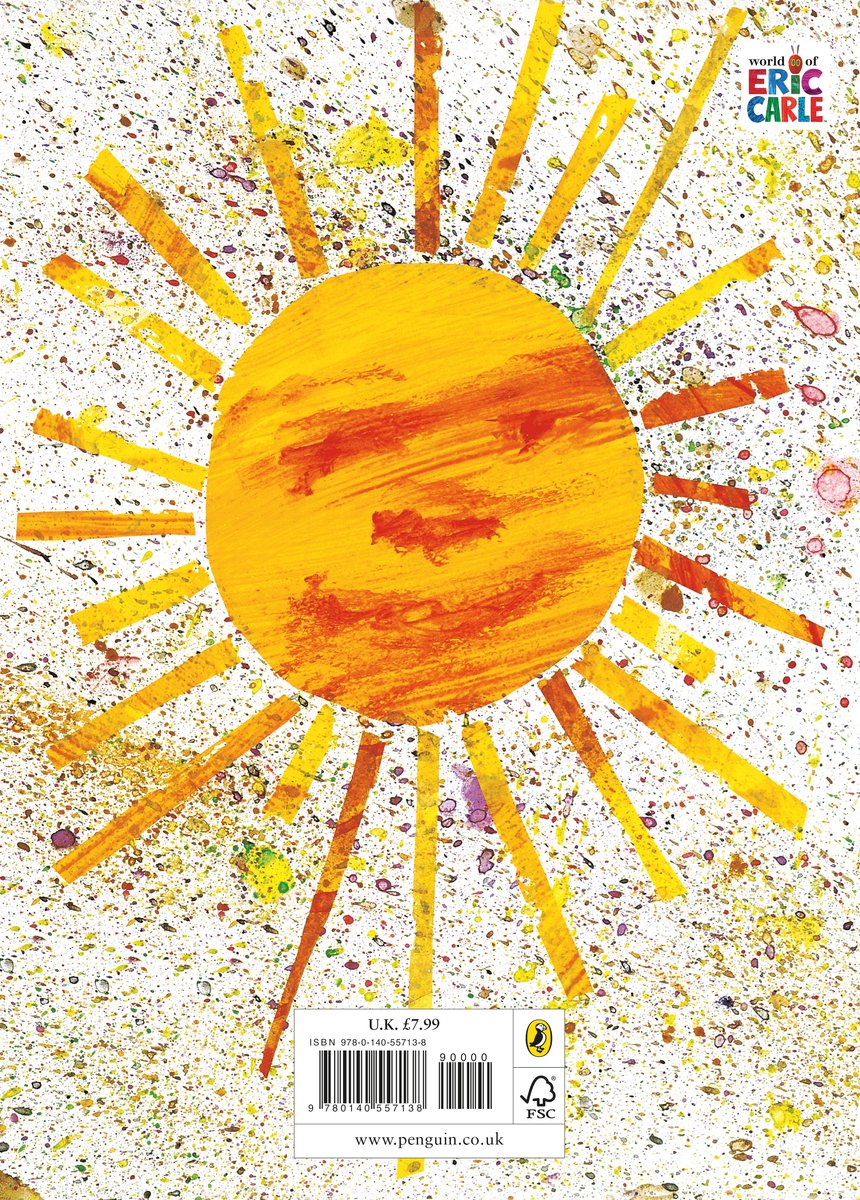 Boekomslag 'The Tiny Seed' met een zonnig gele zon met oranje strepen op een witte achtergrond met spetters.