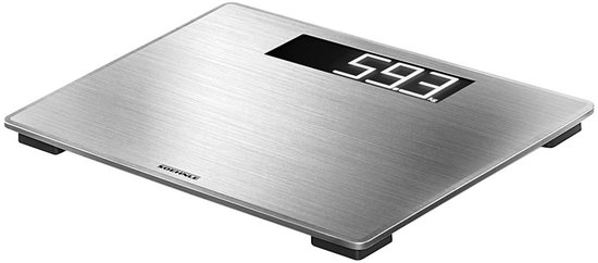Zilverkleurige personenweegschaal met een digitaal display dat '593' aangeeft.