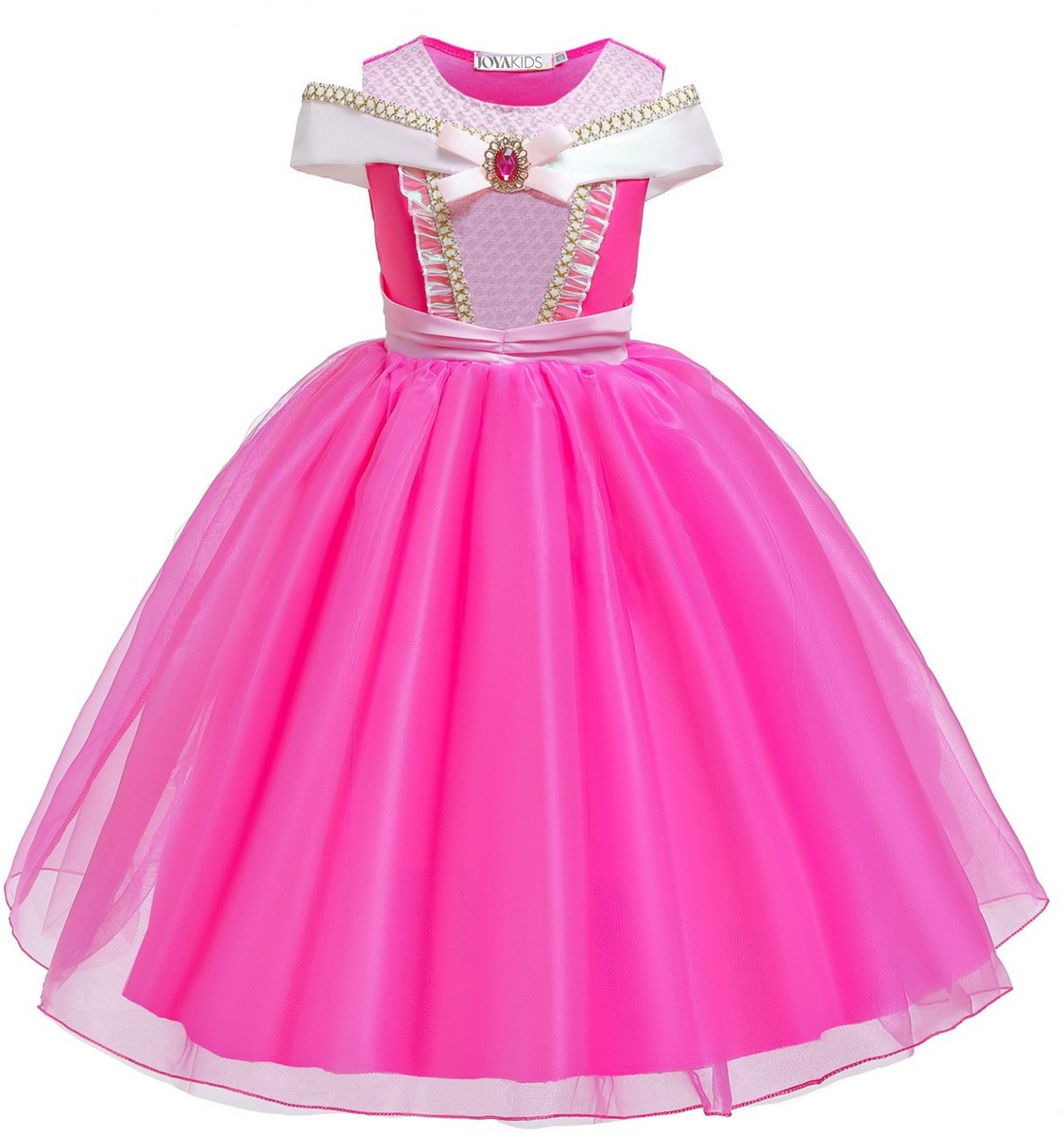 Joya Kids® Roze verkleedjurk korte Mouw | Zomerse Roze Prinsessenjurk | verkleedkleding Meisje | Hard roze Jurk + kroontje & Staf & Sieraden | Cadeau meisje — afbeelding 4