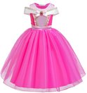 Roze prinsessenjurk met off-shoulder halslijn, gouden rand en volle tule rok.