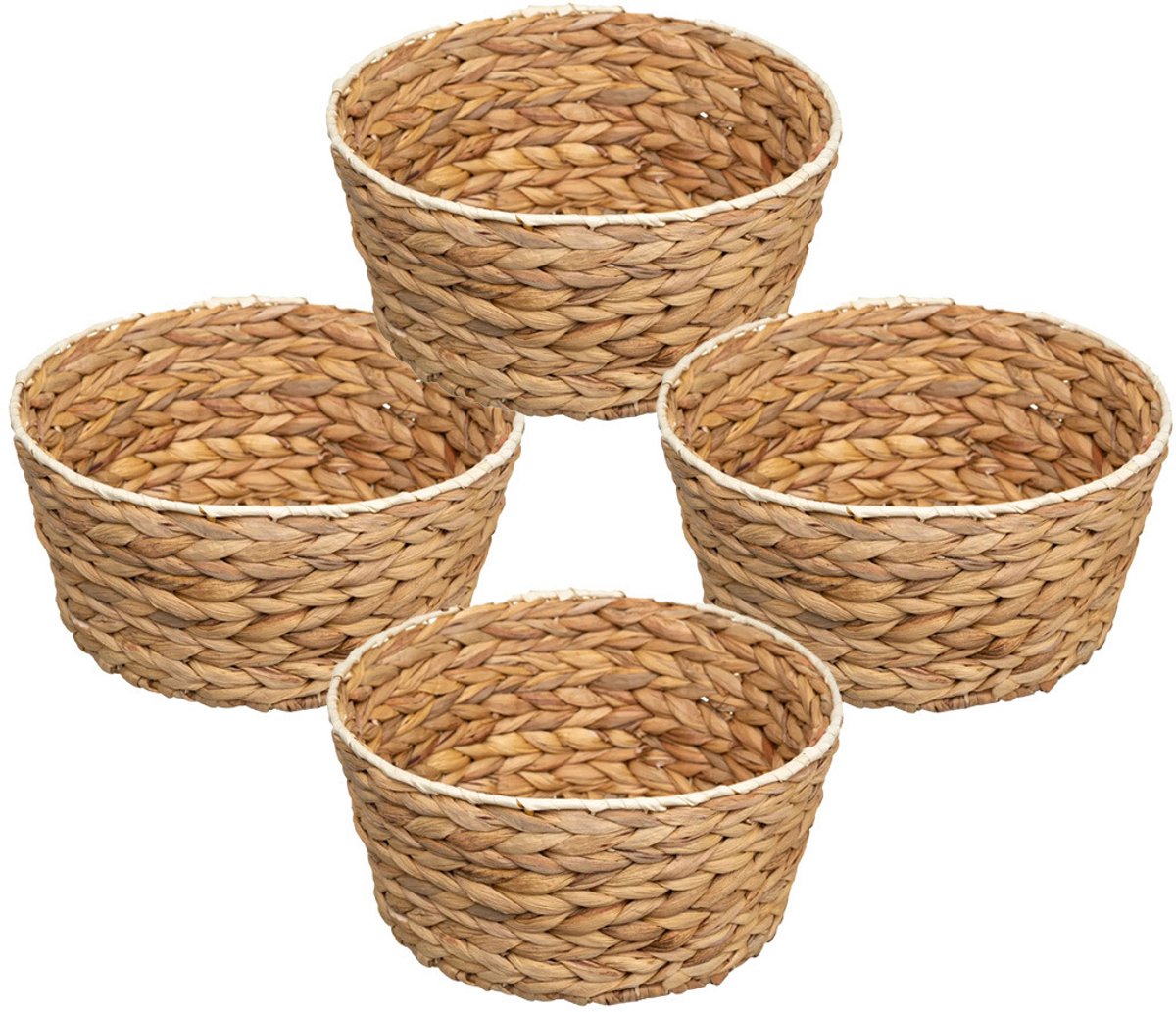5Five Rieten gevlochten mandje - 4x - naturel - D26 x H13 cm - rond - opbergmandje - broodjes - badkamer