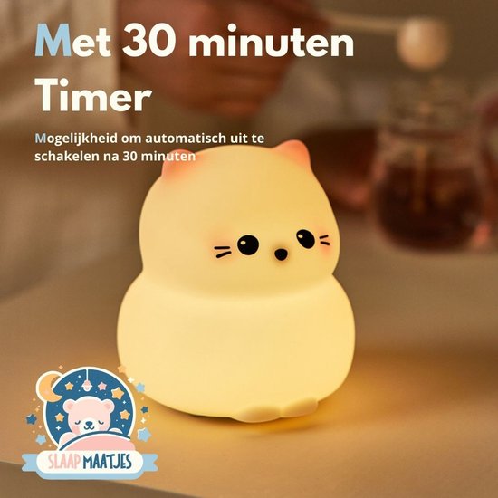 Gele gloed van katten nachtlampje, met tekst 'Met 30 minuten Timer'. De timer schakelt de lamp automatisch uit.
