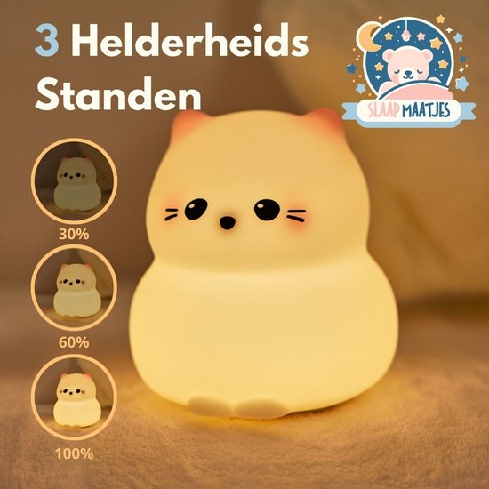 Wit katten nachtlampje met '3 Helderheidsstanden'. Drie kleine afbeeldingen tonen de 30%, 60% en 100% helderheid.