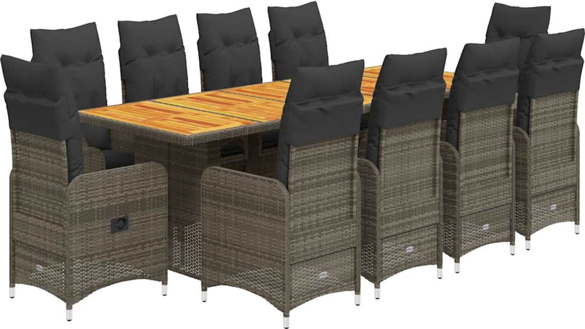 The Living Store 11-delige Bistroset met kussens poly rattan grijs - Tuinmeubel - Bistroset - Lounge Set - Buitendecoratie - Terrasdecoratie