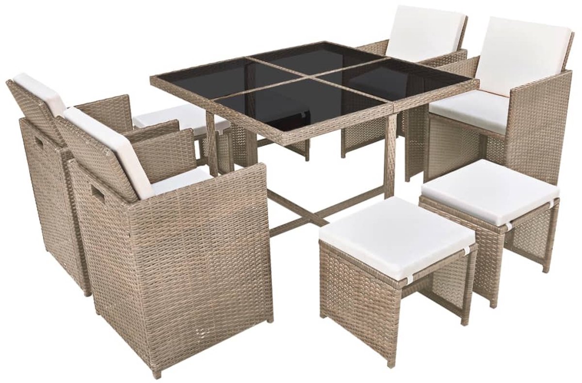 Tuinset poly rattan beige met kussens - The Living Store.
