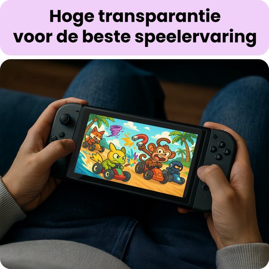 Handen houden een Nintendo Switch vast met een racegame met cartoon dieren.