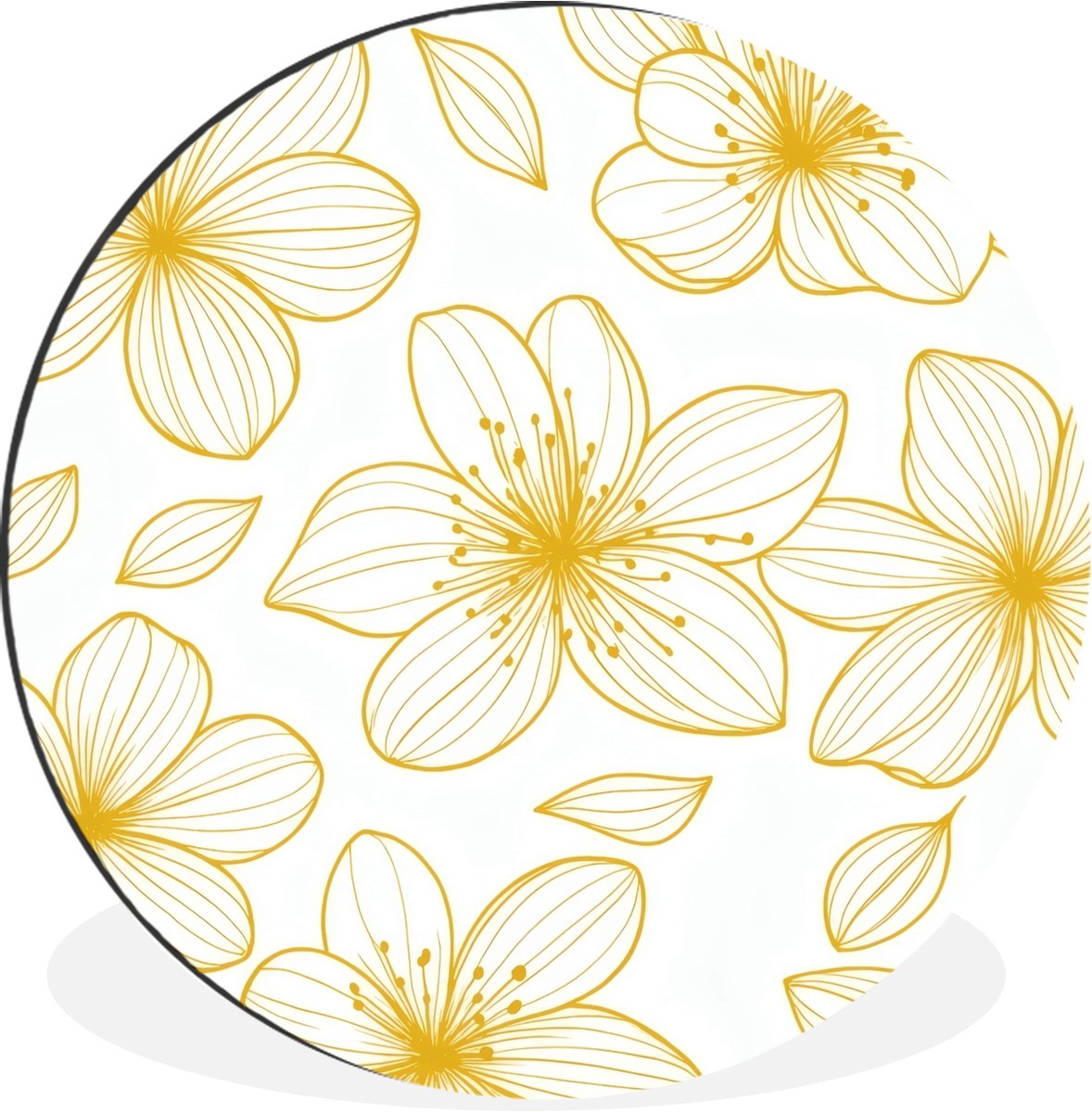 WallCircle Wandcirkel - Muurcirkel - Bloemen - Patroon - Illustratie - Geel - Aluminium - Dibond - 90x90 cm - Binnen en Buiten