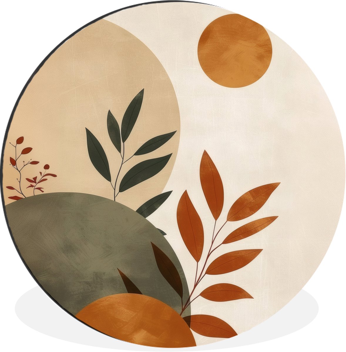 WallCircle Wandcirkel - Muurcirkel - Vormen - Rond - Bladeren - Beige - Aluminium - Dibond - 60x60 cm - Binnen en Buiten Bladeren - Vorm - Abstract