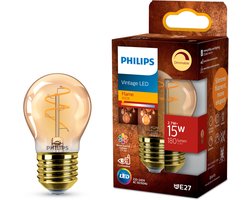 Philips Vintage LED - Dimbare lamp - 15W - Extra warmwit licht: 1800K - E27 fitting - Amberkleurig glas - Kogellamp