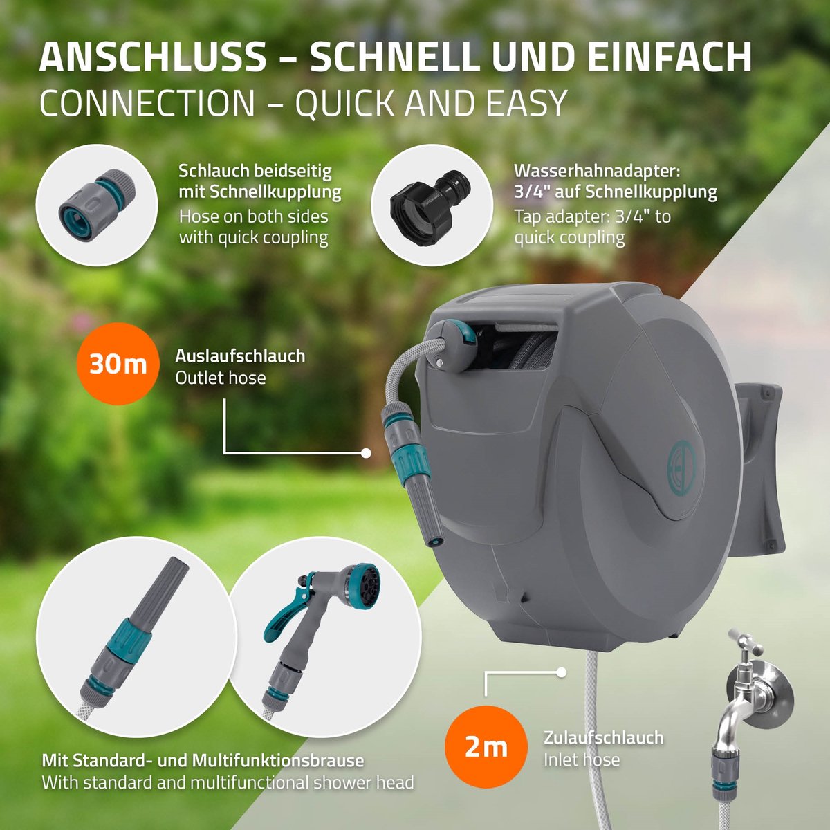 ECD Germany rollup tuinslanghaspel 30m+2m muurgemonteerde slanghouder met automatisch oprolmechanisme vergrendelingssysteem 9 sproeifuncties 180° zwenkbaar waterslangbox voor wandbevestiging ideaal voor tuin en terrasonderhoud – foto 6