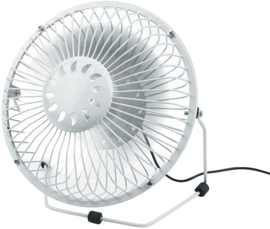 USB bureau ventilator klein wit metaal 18 cm diameter, compact en stil, werkt via USB aansluiting