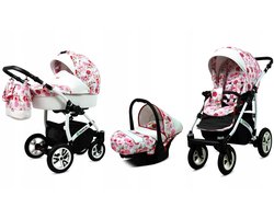 BabyLux® Kinderwagen 3in1 – TROPICAL - HIBISCUS - Opklapbare Wandelwagen incl. Reiswieg, Multifunctionele Buggy Sportstoel, Autostoel - Combi-kinderwagen met Luiertas, Regenhoes, Klamboe, Bekerhouder, etc.