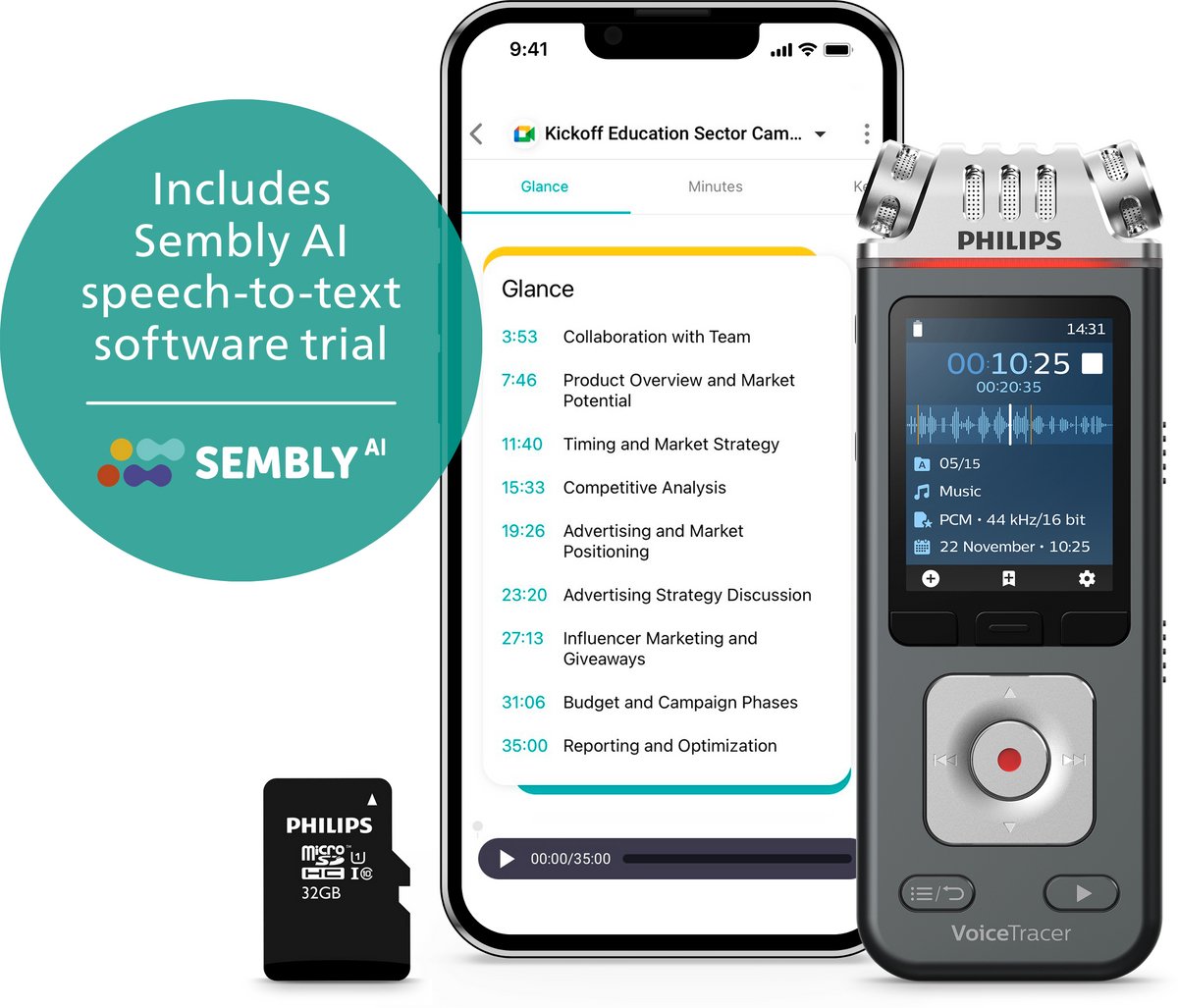 Philips Audio recorder DVT61137 - 3MIC Stereo MP3/PCM - 24-bits/96 kHz - 8 GB + 32 GB microSD - Smartphone app Android/ iOS - Sembly AI Spraakherkenning - Hands-free headset
