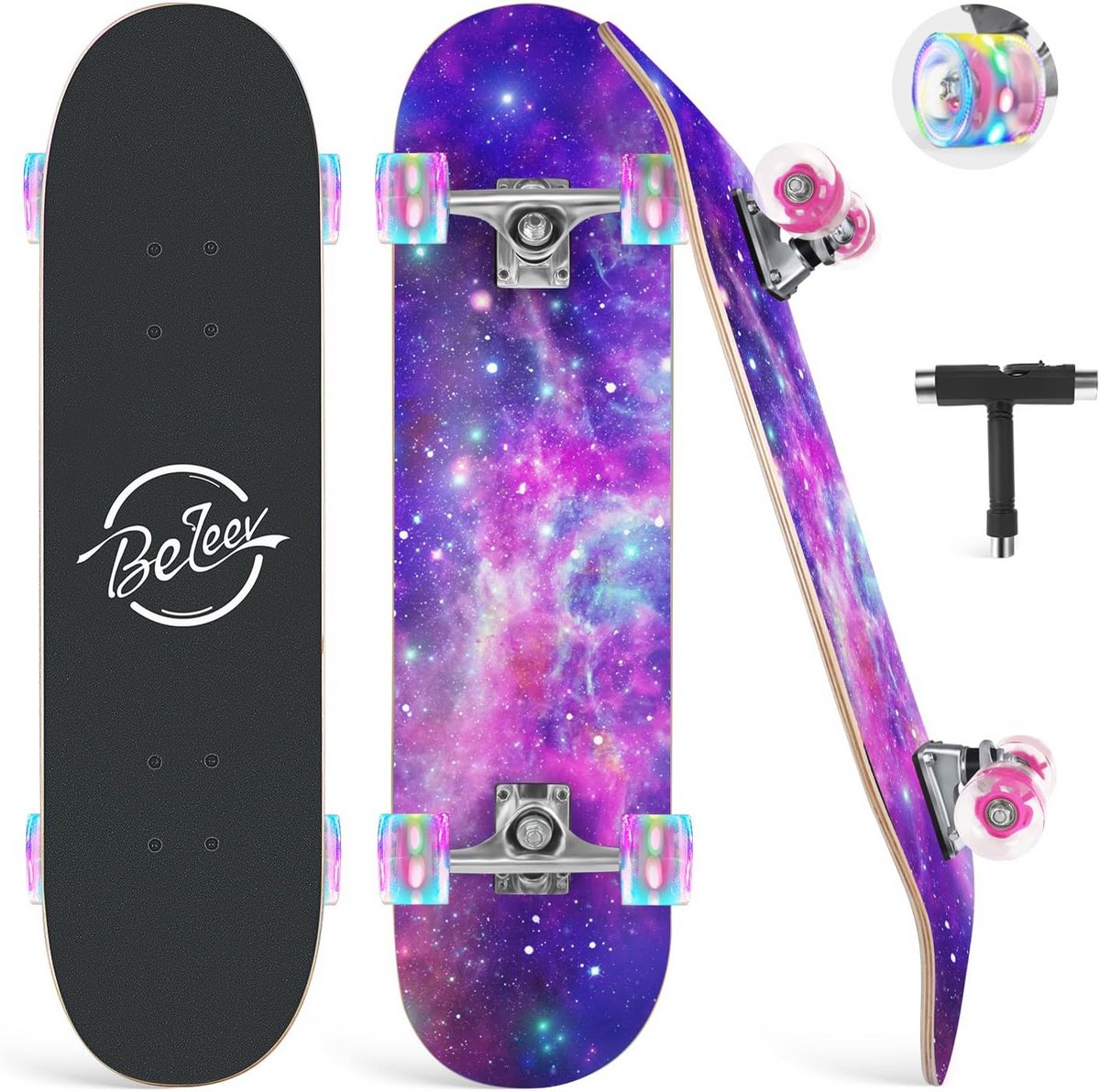 Skateboard 31 x 8 inch met LED Lichten voor Beginners - 7-laags Esdoorn Dubbel Kickdeck Concave Cruiser