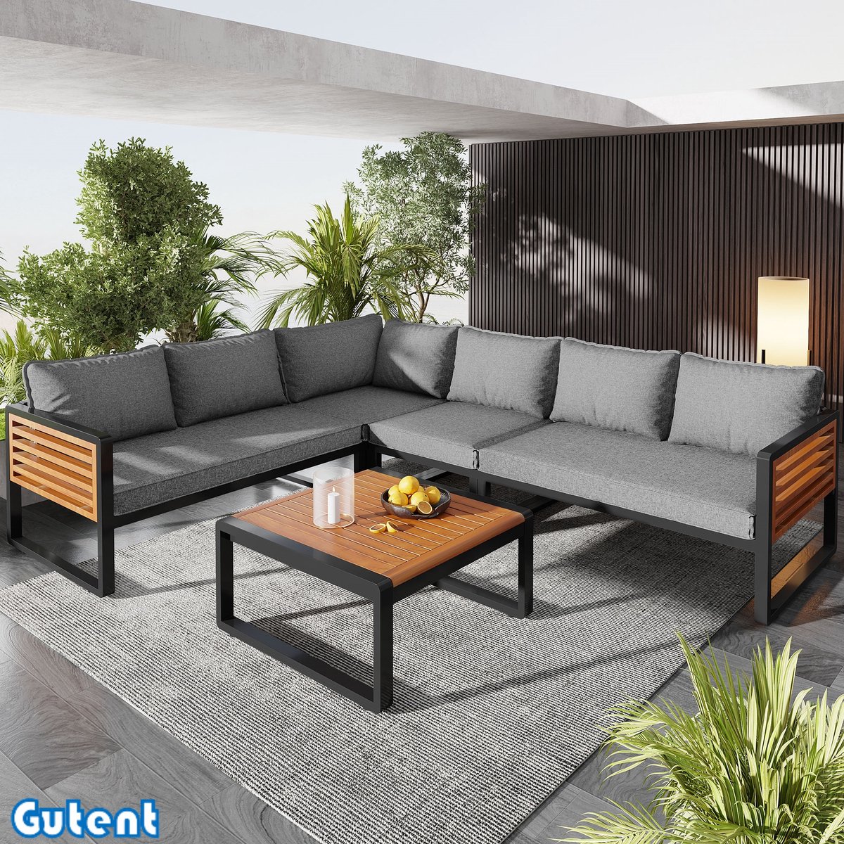Gutent Tuinrelaxset - 5-6 personen - met gegalvaniseerd ijzeren frame - decoratieve houten leuning - Grijs