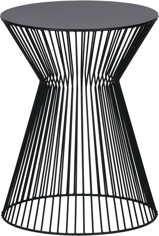 Zwarte metalen bijzettafel met een rond tafelblad en een zandloper-vormige basis.