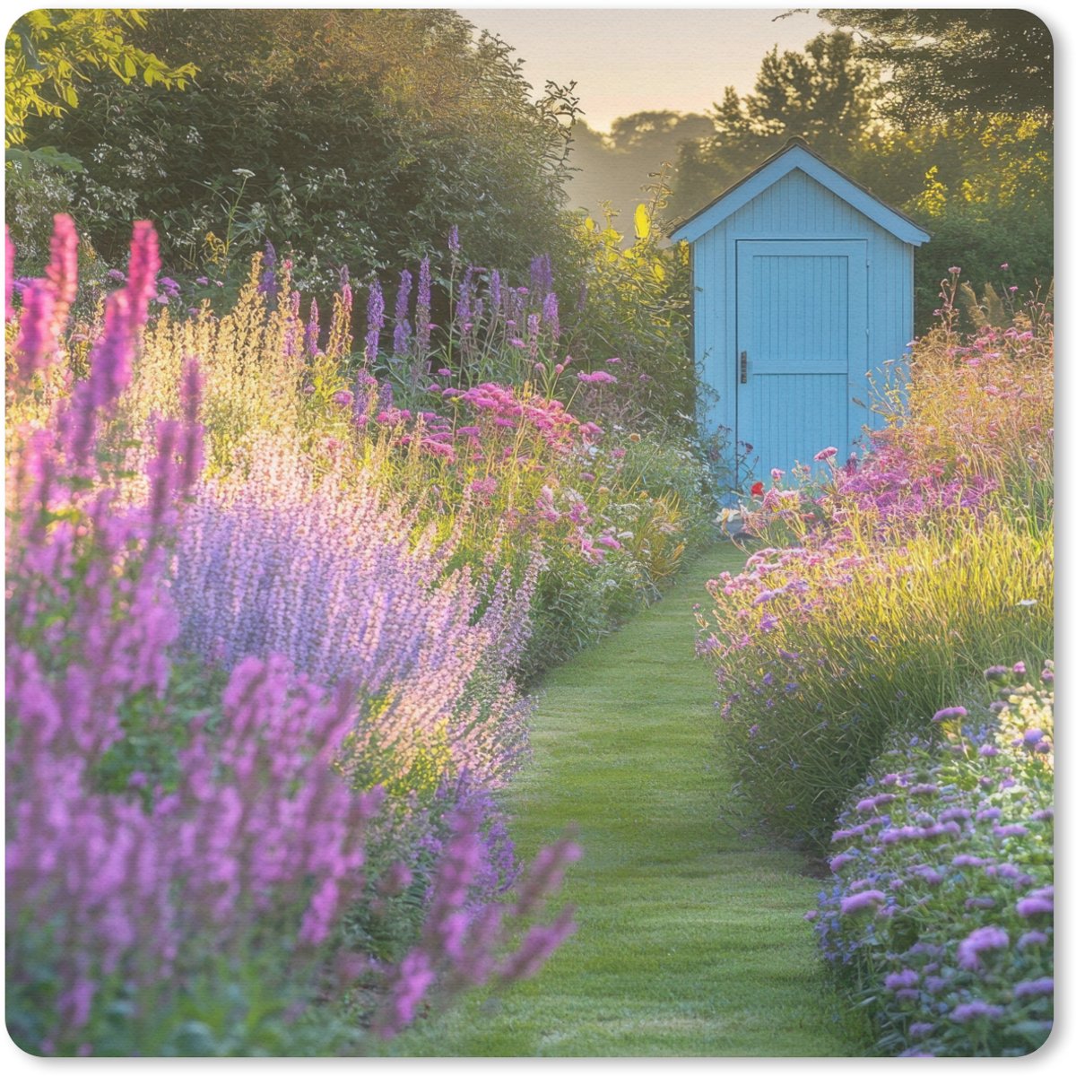 Muismat 20x20 cm - Mousepad Tuinhuisje - Blauw - Bloemen - Muismatten
