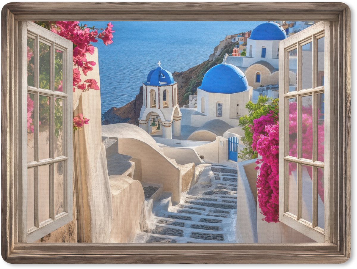 Muismat 23x19 cm - Mousepad Doorkijk - Santorini - Landschap - Blauw - Grieks - Muismatten