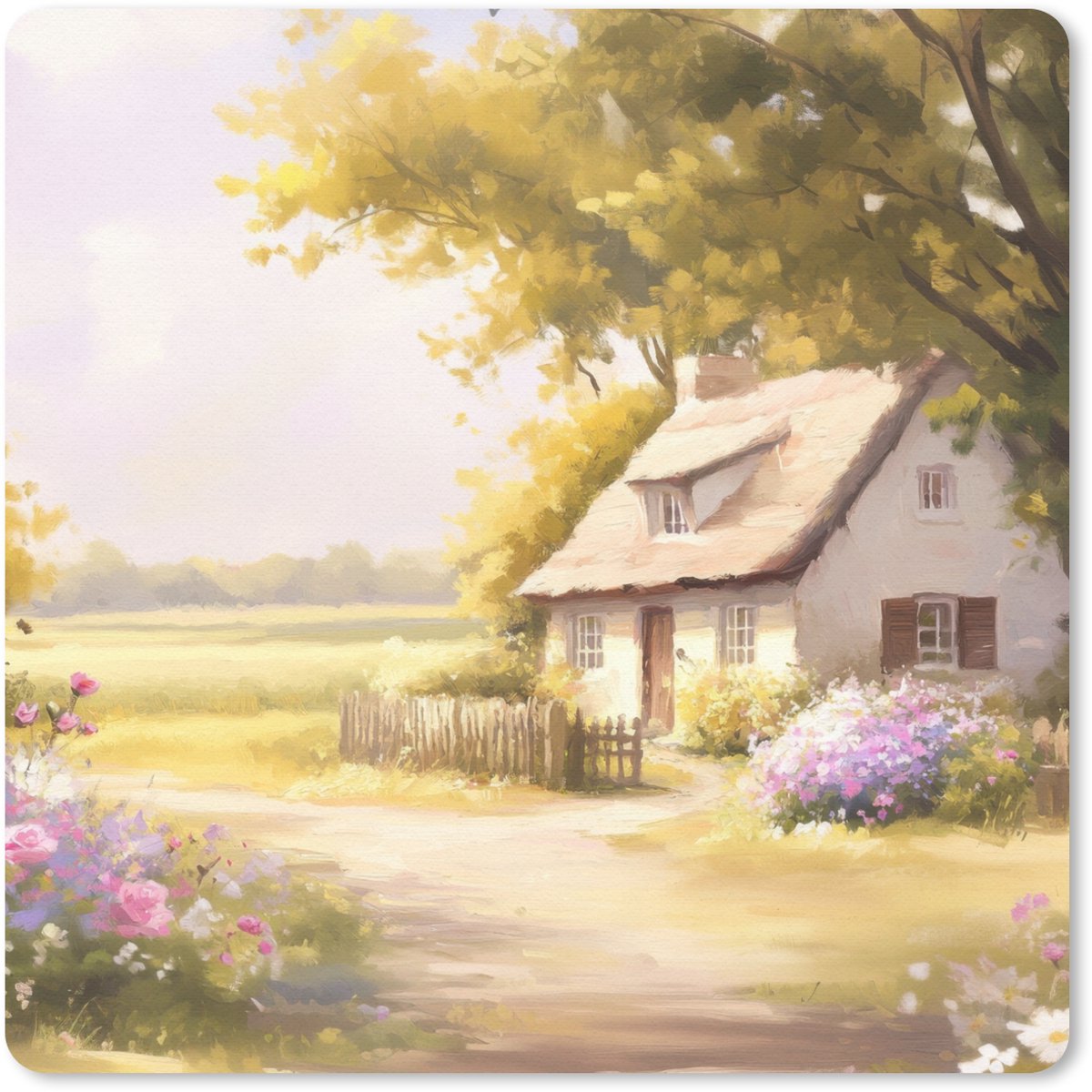 Muismat 20x20 cm - Mousepad Huisje - Hout - Bloemen - Muismatten