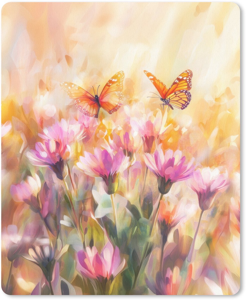 Muismat 19x23 cm - Mousepad Vlinders - Oranje - Bloemen - Muismatten