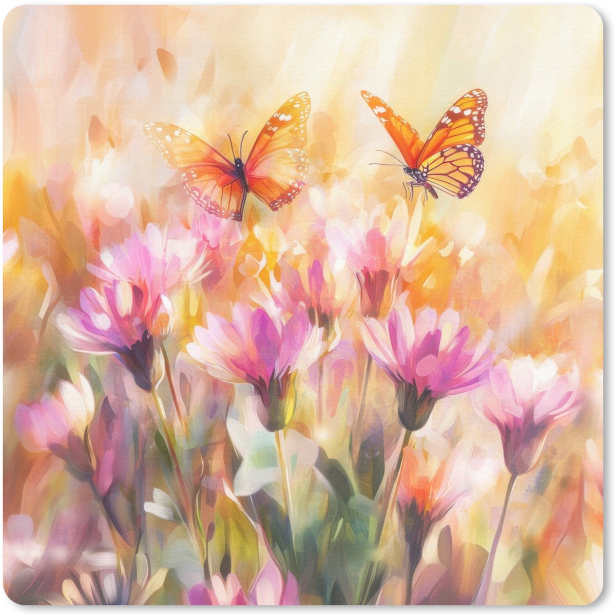 Muismat 20x20 cm - Mousepad Vlinders - Oranje - Bloemen - Muismatten