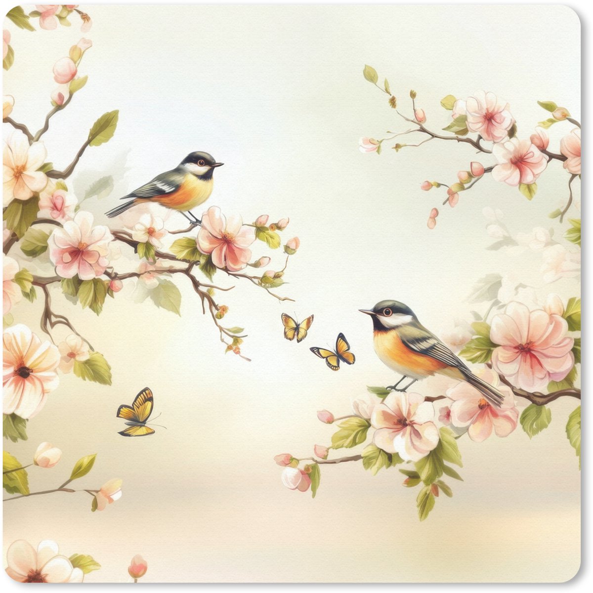 Muismat 30x30 cm - Mousepad Takken - Bloemen - Vogeltjes - Roze - Muismatten