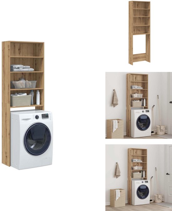 Brride Opbergkast boven toilet of wasmachine, 69 x 60 x 176,5 cm, 3 niveaus met ophangstang, rek voor wasmachine en wasdroger, wit hout