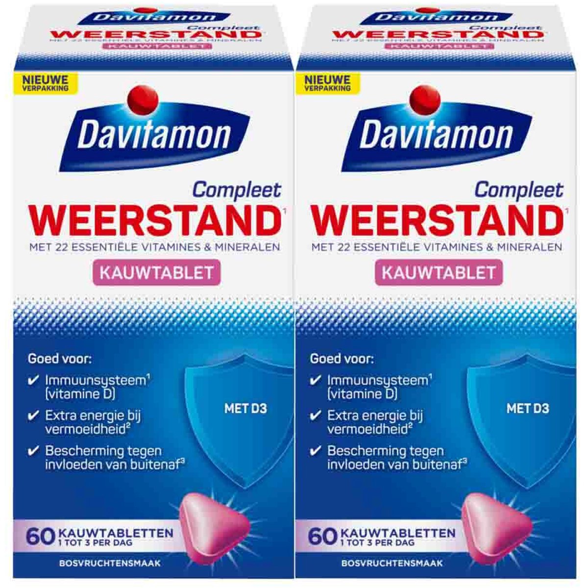 Goedkoopste 2x Davitamon Compleet Weerstand Hoog Gedoseerd Bosvruchten 50 kauwtabletten