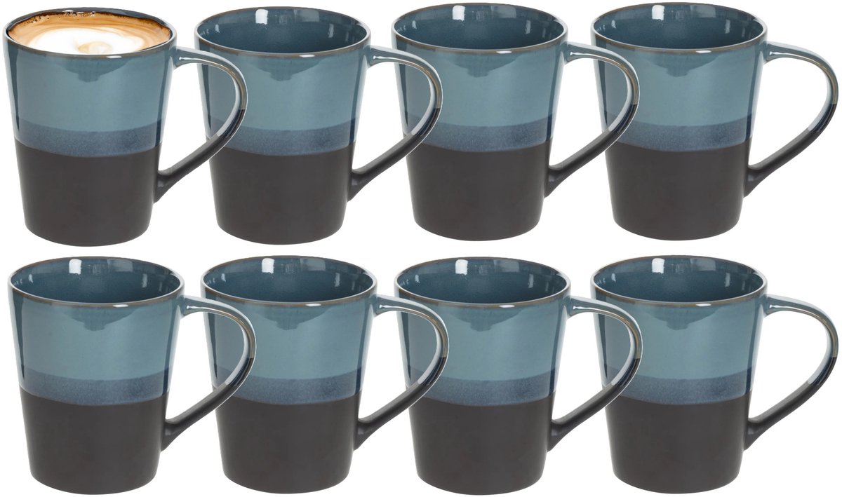 Secret de Gourmet Koffiemokken Lagune - 8x stuks - Keramiek - blauw/grijs - 360 ml - 9 x 10 cm