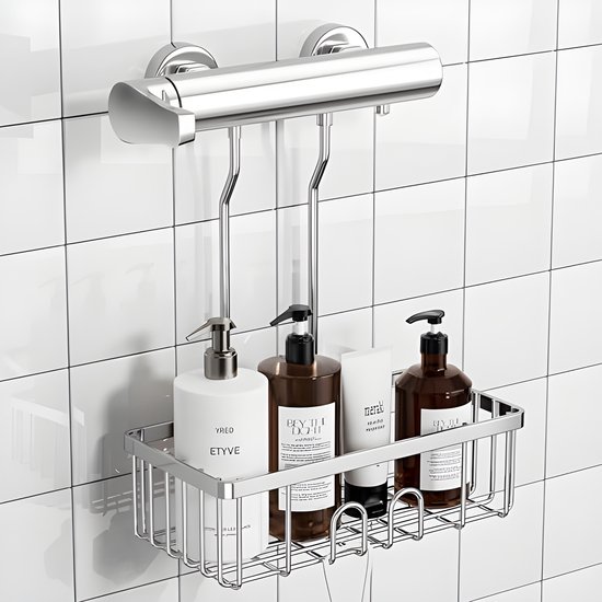 mDesign Douchemand om op te hangen, mooie doucheplank zonder boren, doucherek van metaal met 2 manden en 2 grote en 4 kleine haken voor allerlei douche-accessoires, zilverkleurig