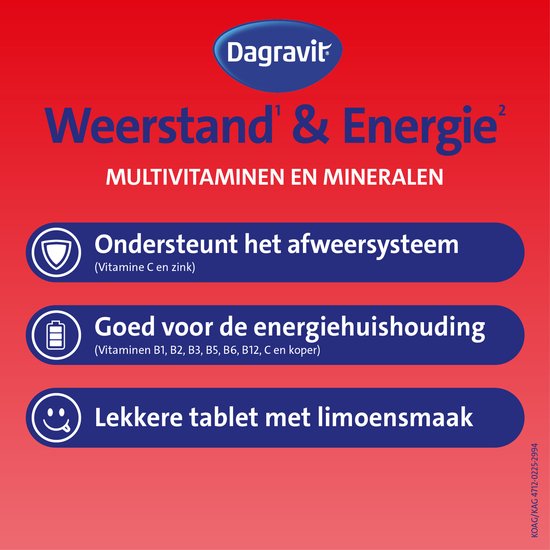 Dagravit: ondersteunt het afweersysteem met vitamine C en zink, goed voor de energiehuishouding met vitamines B en C, en een lekkere tablet met limoensmaak.