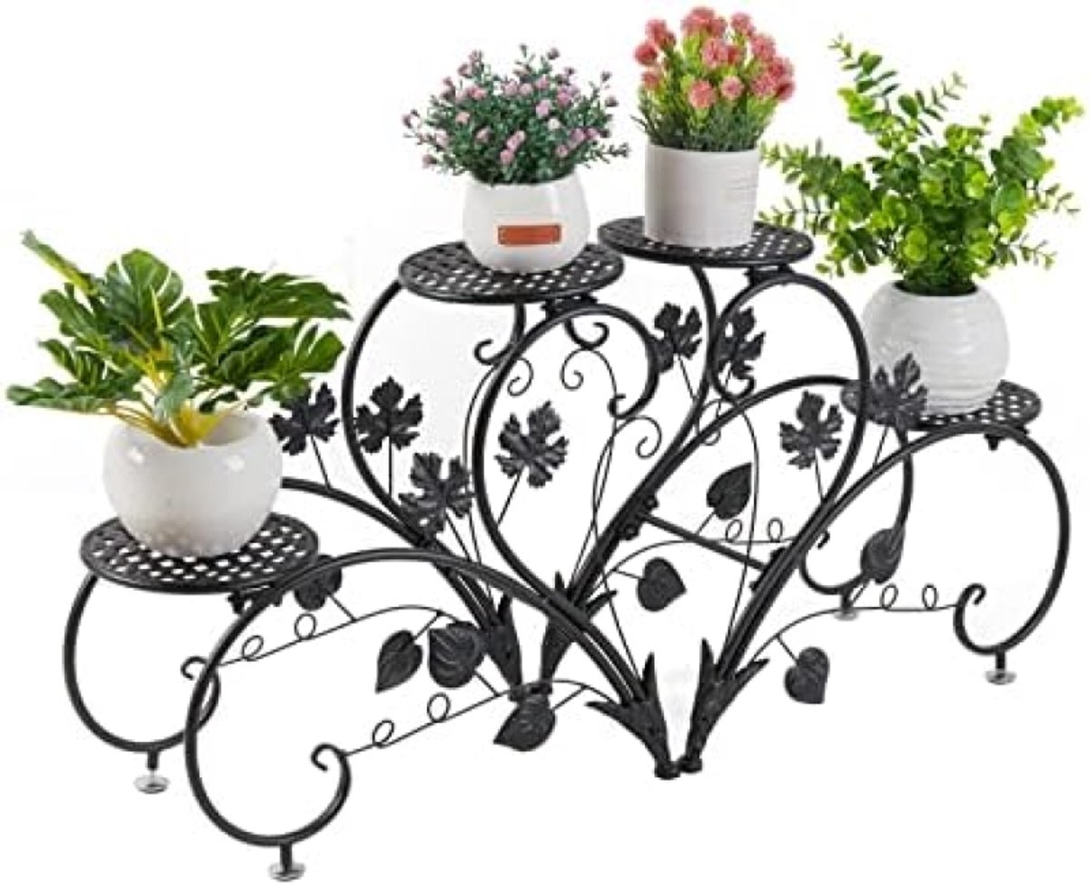 Smeedijzeren Plantenrek met 4 Planken - Zwarte Bloempothouder voor Binnen en Buiten - Maximale Belasting 20 kg - Afmetingen 90 x 42 x 21 cm