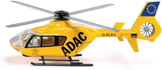 Gele reddingshelikopter "ADAC" met "D-HLEU", Duitse vlag en de Europese vlag op de staart.