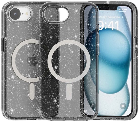 Coque IYUPP pour iPhone 16, Glitter MagSafe, antichoc, Zwart et transparente