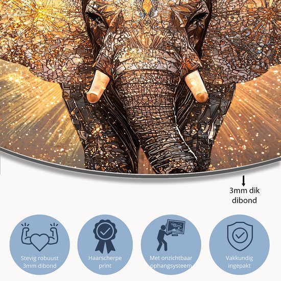 Gouden mozaïek olifant kunst, glitterend met gouden lichtstralen.