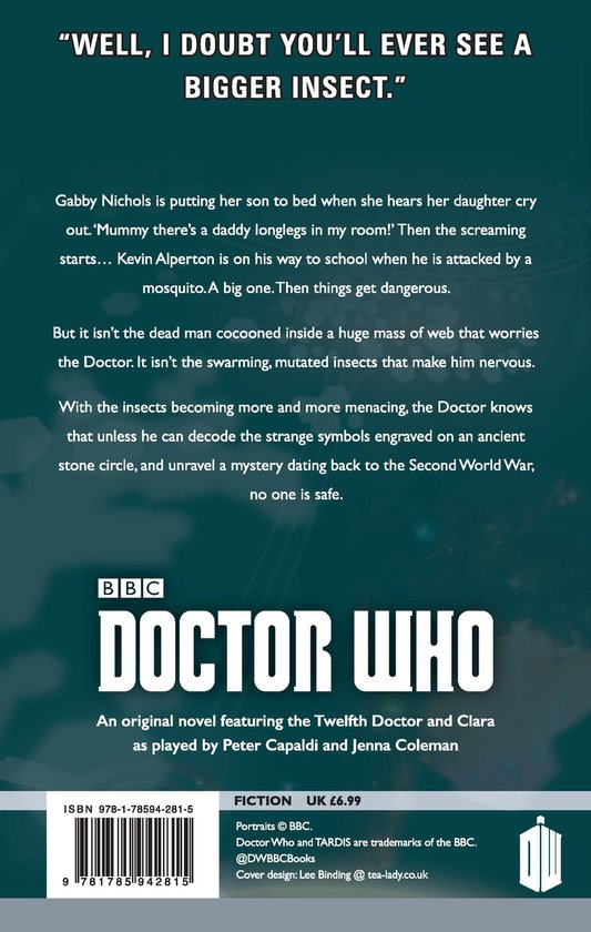 Doctor Who: The Crawling Terror - Achterkant met tekst over het verhaal en de cast van de BBC.