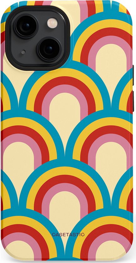 Telefoonhoes met een retro regenboogpatroon in blauw, geel, roze en rood op een crèmekleurige achtergrond.