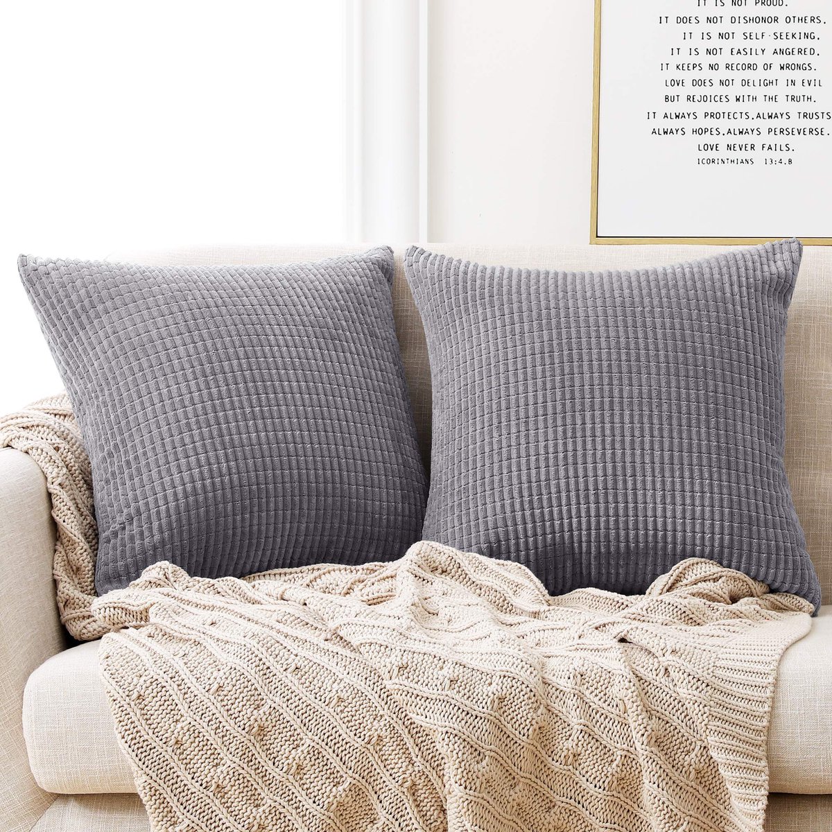 Ibenzoa Sfeervolle Corduroy Kussenhoezen voor Bank en Woonkamer, Super Zacht en Onderhoudsvriendelijk, 50x50 cm, Set van 2 lichtgrijs
