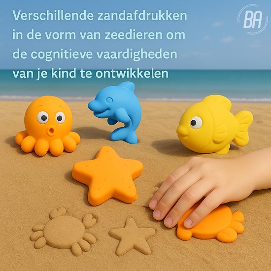 Child's hand pressing an orange starfish mold into sand, next to orange octopus, blue dolphin, yellow fish molds.