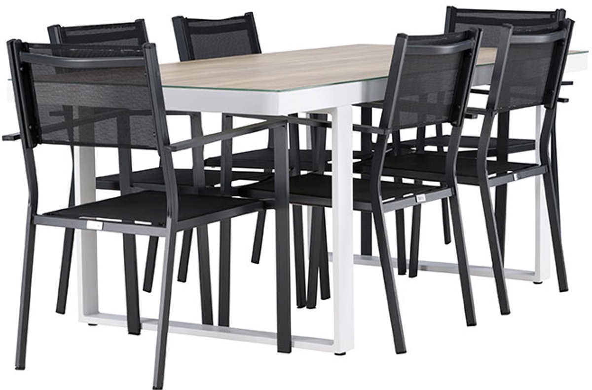 Merlo tuinmeubelset tafel 90x200cm wit, 6 stoelen zwart.