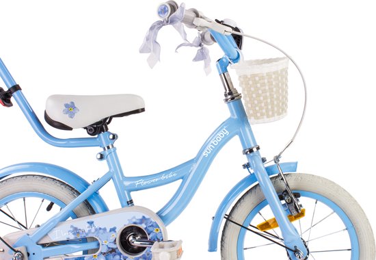 Flower Bike Fiets voor een meisje van 3 tot 5 jaar, 14 inch Blauw, met fietsbel, zijwieltjes, duwstang en stuurmandje — afbeelding 4